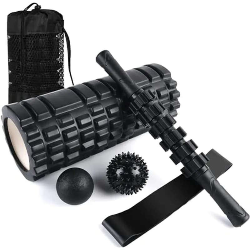 6 in1 Foam Roller Set, Trigger Point Foam Roller, Yoga Stick, Massage Ball, Fixation Ball, Fitness Stretching Strap, Carrying Bag, Towel for Deep Muscle Massage Pilates Yoga