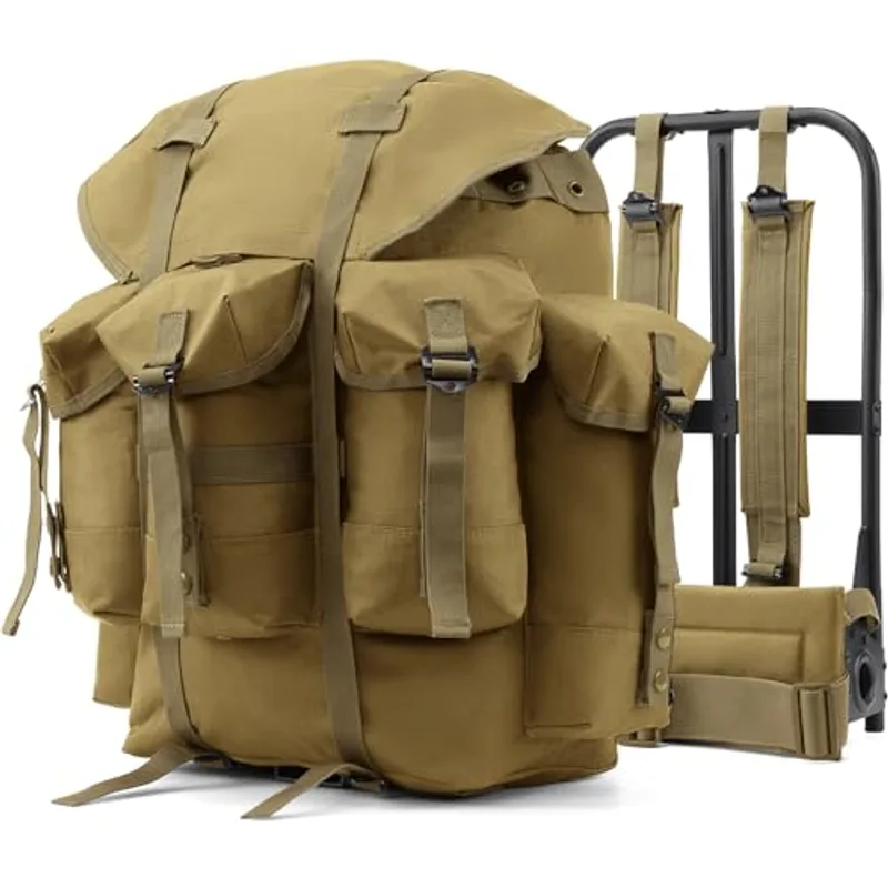 AUMENTAR 50L Military Alice Pack Army Survival Combat ALICE Rucksack Backpack for Men & Women for Camping, Hiking, Emergency Khaki
