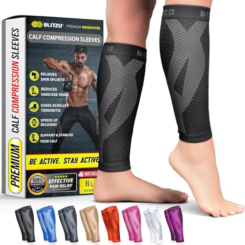BLITZU Calf Compression Sleeves for Men and Women. Footless Compression Socks Support for Varicose Vein, Nursing, Running. Leg Sleeve Brace for Shin Splints, Pain Relief & Reduces Swelling Black L-XL