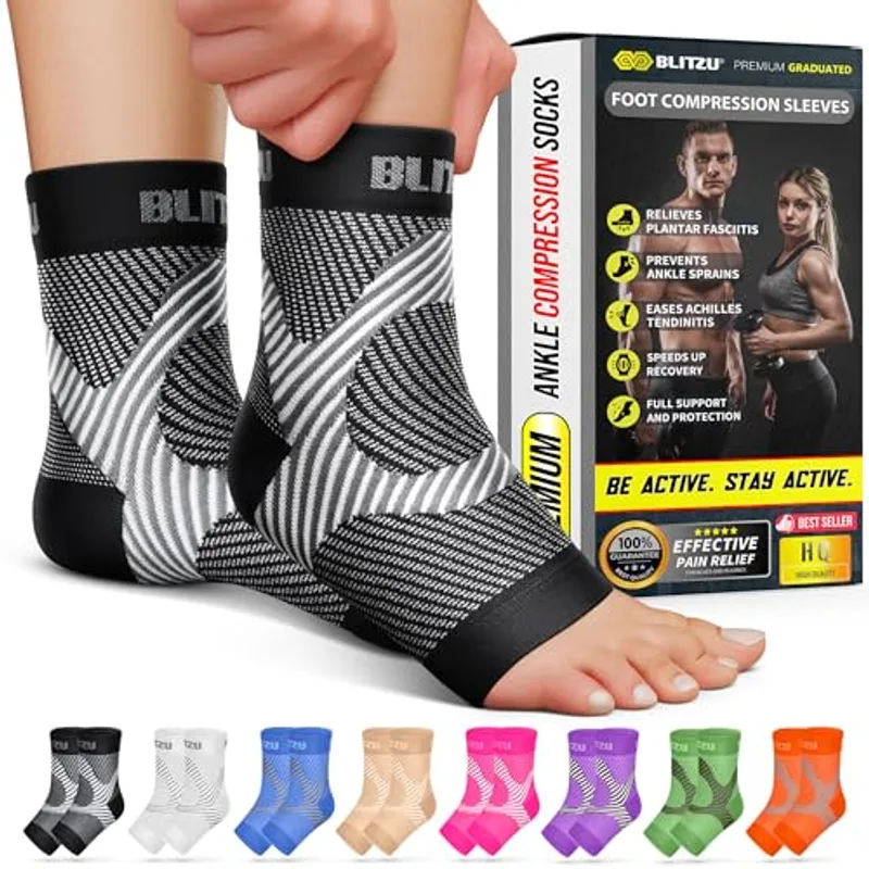 BLITZU Compression Socks for Plantar Fasciitis, Achilles Tendonitis, Arthritis Relief, Ankle Brace Compression Sleeve with Foot Arch Support, Ankle Wrap for Women, Men, Swelling & Heel Pain Black S-M