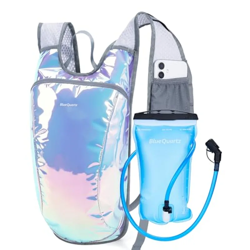 Blue Quartz Rave Hydration Backpack, Reflective Hiking Pack with 2L Water Bladder & Phone Pocket, Hydro Pack with Insulated Compartment for Festival Running Cycling for Men Women