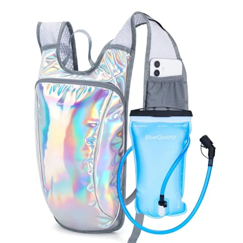 Blue Quartz Rave Hydration Backpack, Reflective Hiking Pack with 2L Water Bladder & Phone Pocket, Hydro Pack with Insulated Compartment for Festival Running Cycling for Men Women