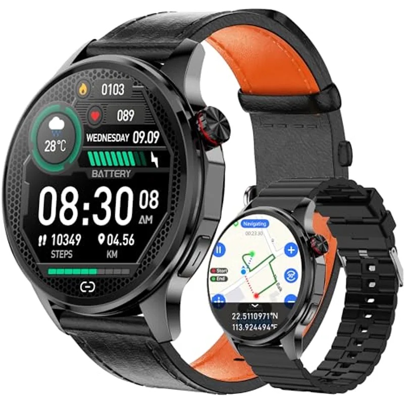 Smart Watch for Men with GPS Offline Maps, 1.46"AI Smartwatch, BT Call/Text Reply, Heart Rate/ Sleep Monitor/Health Analysis, 100+ Sports, 5ATM Waterproof Fitness Tracker for Android iOS – 2 Bands