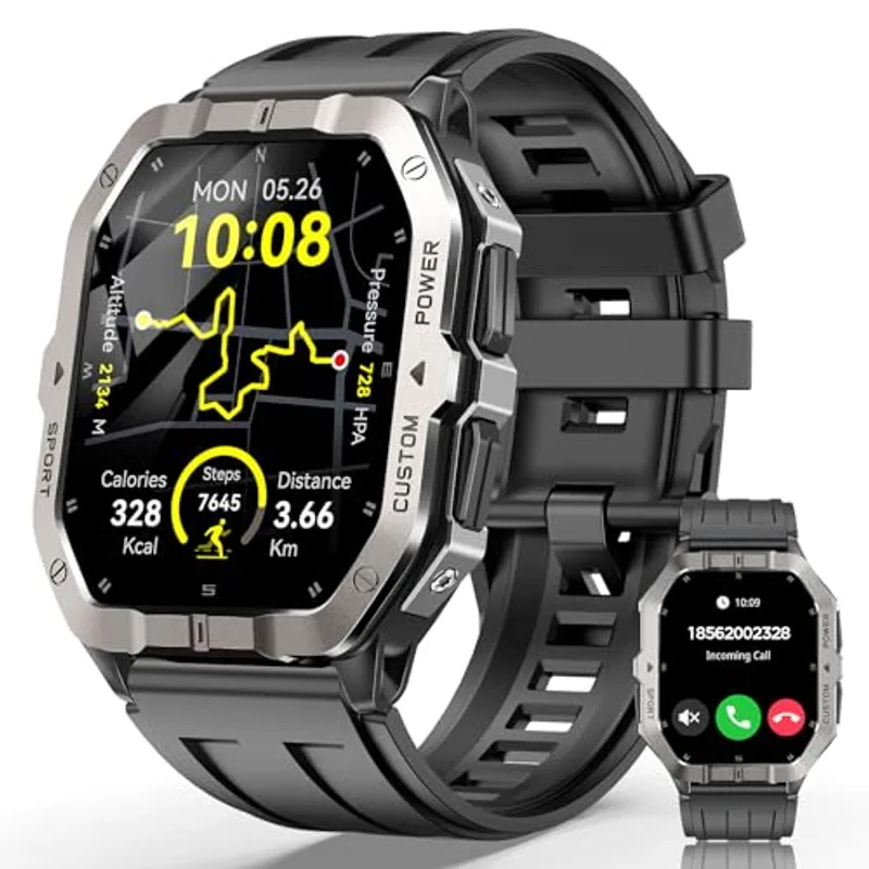 Smart Watches for Men (Answer/Make Calls), 2.02'' Military Smart Watch Built-in GPS with Sleep Monitor/Heart Rate/100+ Sport Modes, Waterproof Smartwatch Fitness Tracker for Android and iPhone Black
