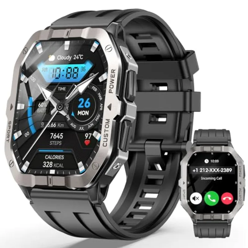 Military Smart Watch Built-in GPS, 100+ Sport Modes for Men, Smartwatch with Heart Rate & Sleep Tracking, 2ATM Waterproof, Bluetooth Calling, Fitness Watch for iPhone & Android, Black
