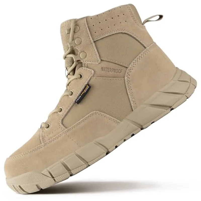 FREE SOLDIER Men's Durable Work Boots 6 Inches Lightweight Waterproof Hiking Boots Suede Leather Tactical Boots(Tan US 10.5)