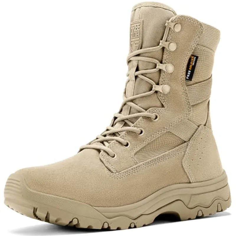 FREE SOLDIER Men's Work Tactical Boots 8 Inches Lightweight Combat Boots Durable Suede Leather Military Boot Desert Boot(Bright Tan 10)