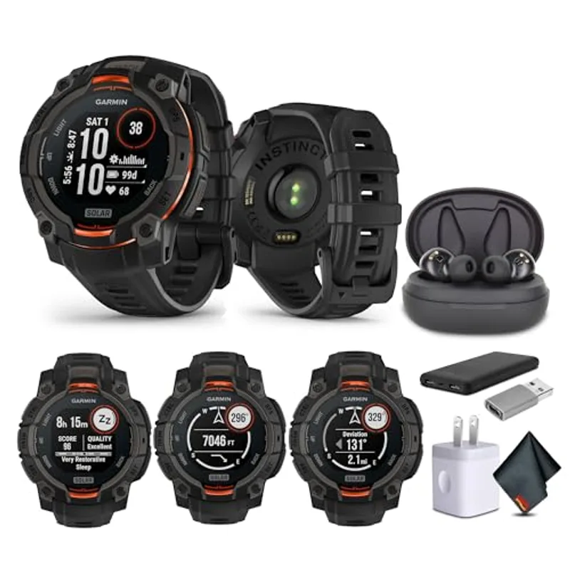 Garmin Instinct 3 45mm, Solar Charged Display, Rugged Outdoor GPS Smartwatch, Metal-Reinforced Bezel, Built-in Flashlight, Black (010-02934-00) Tactical Smart Watch Bundle for Men and Women