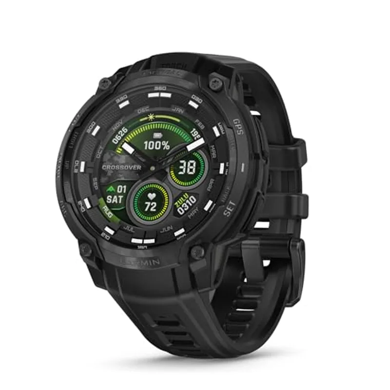 Garmin Instinct® Crossover AMOLED - Tactical Edition, Rugged Hybrid GPS Tactical Smartwatch with Analog Watch Hands and Bright AMOLED Display, Black with Black Silicone Band