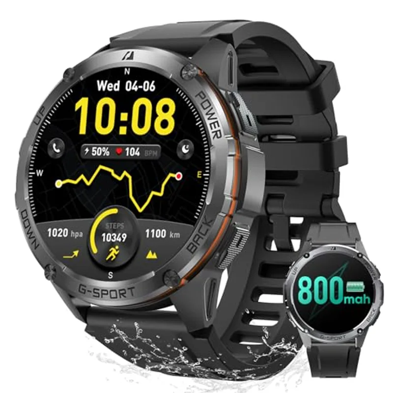 GPS Military Smart Watches for Men - Military Grade, 6-Satellite Positioning, 800mAh 30-Day Battery, 5ATM Waterproof Rugged Fitness Watch for Outdoor Tactical Use 1.43" AMOLED Rugged Fitness Watch