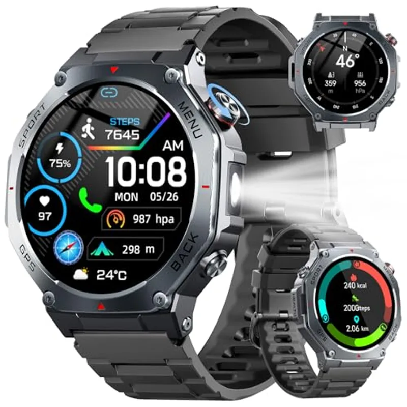 Military Smart Watch for Men Built-in GPS with LED Flashlight Compass, 1.43" AMOLED Display 5ATM Waterproof Fitness Tracker with Heart Rate/Sleep/Blood Oxygen, Watches for Android/iPhone, Black