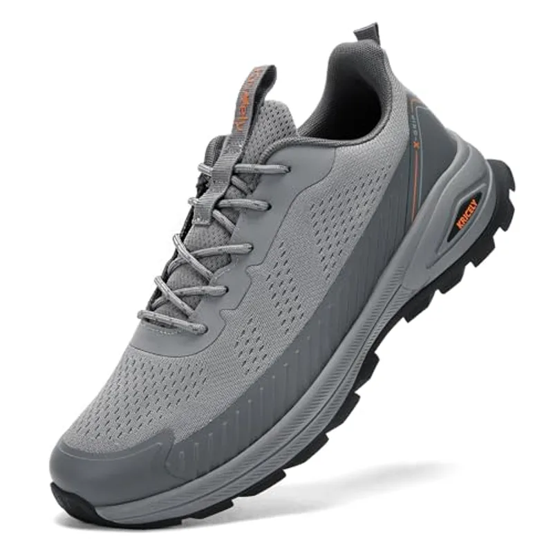 Kricely Men's Trail Running Shoes Non Slip Hiking Trekking Shoes Cross Training Tennis Shoes Breathable Shock Absorbing Sneakers Lightweight Workout Footwear Outdoor Gym Jogging Grey Size 10.5
