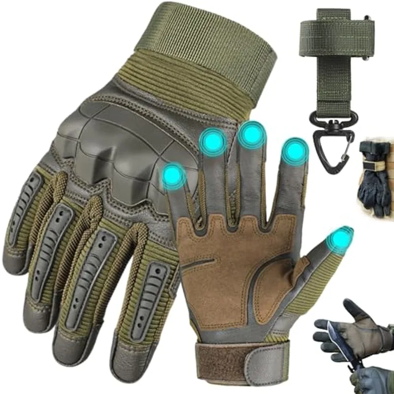 Tactical Full Finger Gloves with Soft Knuckle Protection, Ruck and Recon Tactical Gloves, High Sensitivity Touch Screen, For Sports Motorcycle Cycling Tactical Hunting Hiking (Army green, Large)