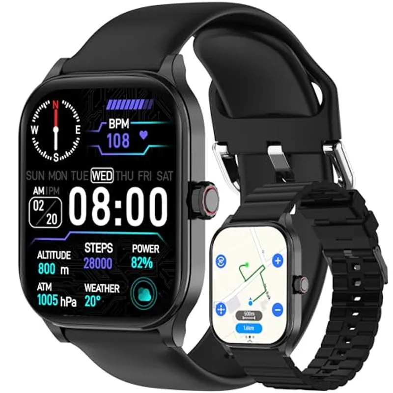 Smart Watch with Built-in GPS and Offline Maps, 1.96" HD Display, Answer/Make Calls, 100+ Sport Modes, Heart Rate/Sleep/SpO2 Monitor, Fitness Activity Tracker for Android and iPhone (Black, 1.96")