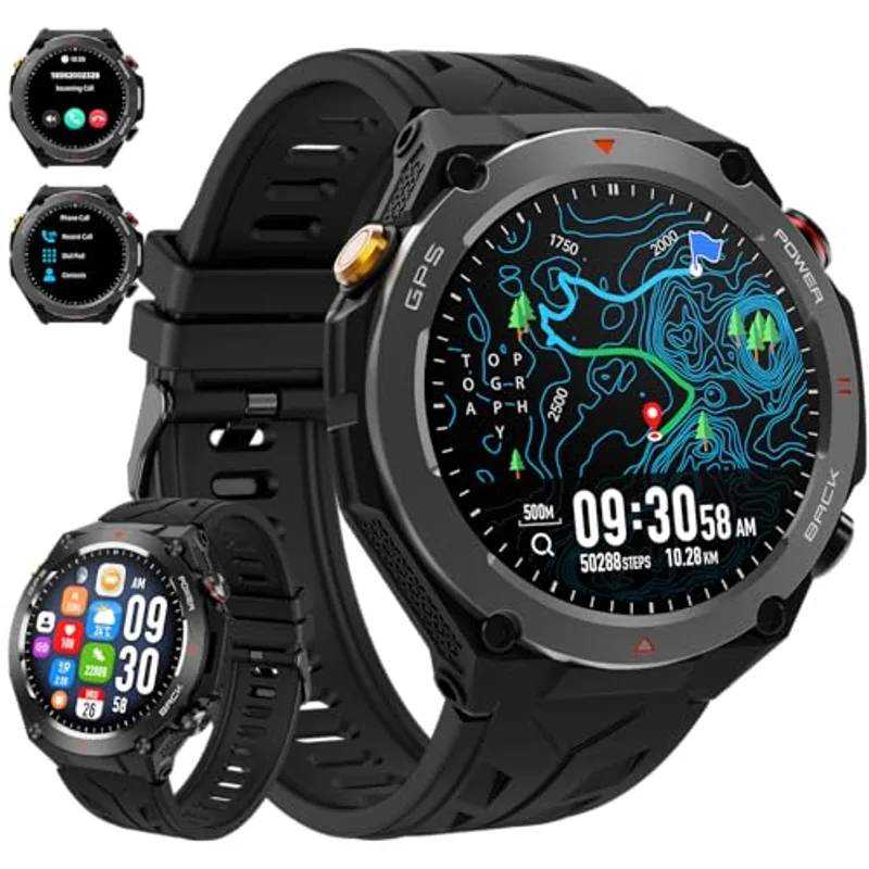 Military Smart Watch with GPS, Pressure/Altitude/Compass, Rugged Smartwatch for Men with 650mAh Extra-Large Battery, Answer/Make Call, 100+ Sports Mode, Metal Body Fitness Tracker for Android iOS