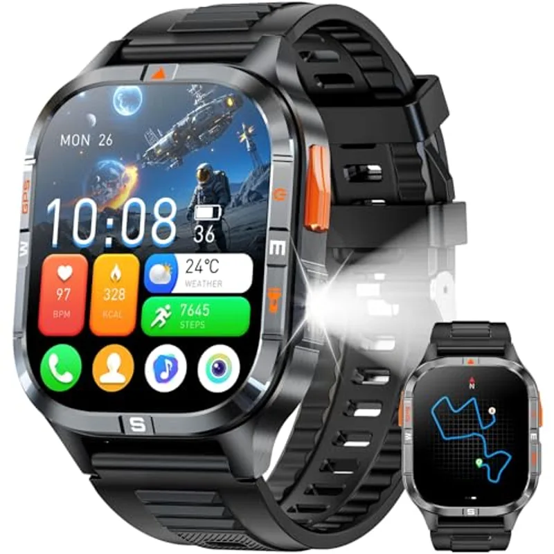 Military GPS Smart Watch for Men with Compass/Altitude/Flashlight,2.01" HD Screen smart watch with Voice Assistant/Bluetooth Calling,Smartwatch for Android&iOS, Activity Tracker Multiple Sport Modes