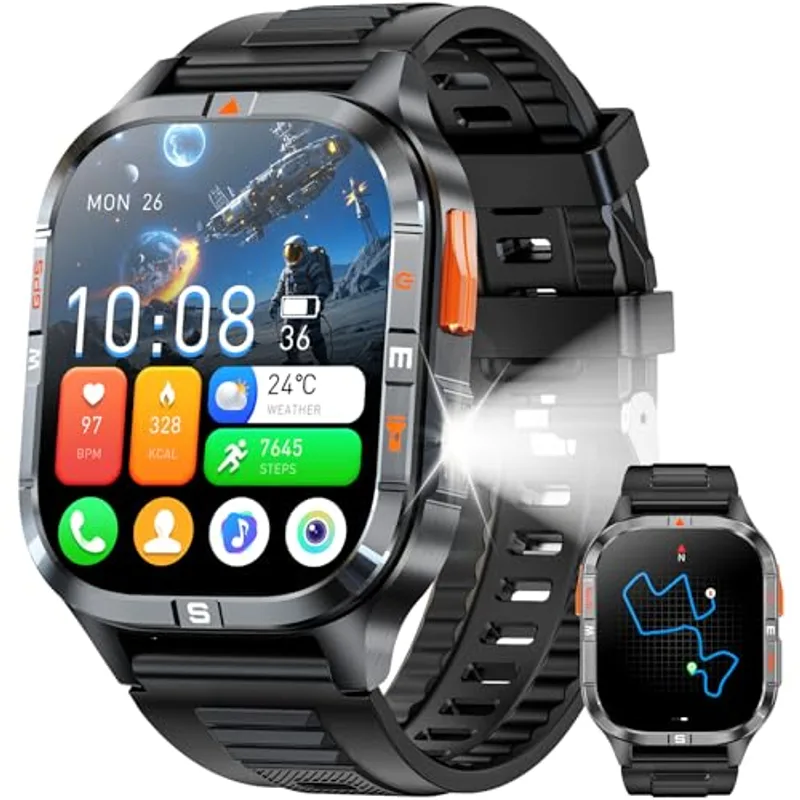 Military Smart Watches for Men with GPS/Compass/Altitude/Flashlight,2.01" HD Screen,Voice Assistant,Answer/Make Calls,Smart watch for Android iOS,Heart Rate Sleep Monitor,Smartwatch 120+ Sport Modes