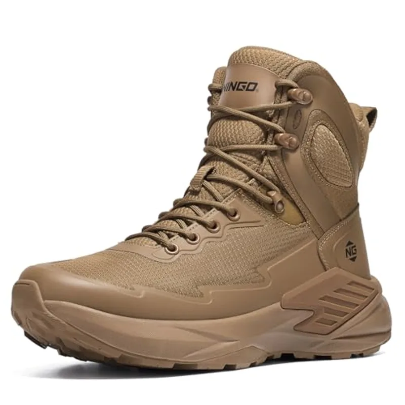 NINGO Men's Military Tactical Waterproof Boots, Lightweight Comfortable Work Combat Boots for All Day, Non Slip Hiking Rucking Footwear for Hunting, Survival, Wilderness, Field, Mocha Brown Size 8.5