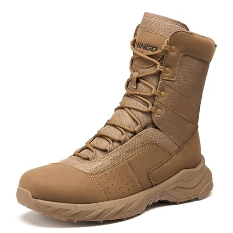NINGO Men's Military Tactical Work Boots, Lightweight Comfortable Water-Resistant Combat Boots for All Day, Non Slip Hiking Rucking Footwear for Hunting, Survival, Wilderness, Mocha Brown Size 12
