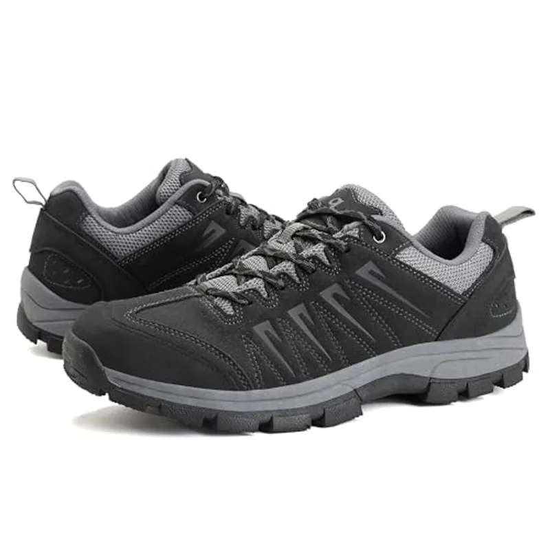 OL OUTJET LEGEND Men's Waterproof Hiking Shoes Leather Comfortable Lightweight Anti Slip Low Tops Outdoor Walking Work Shoes Black