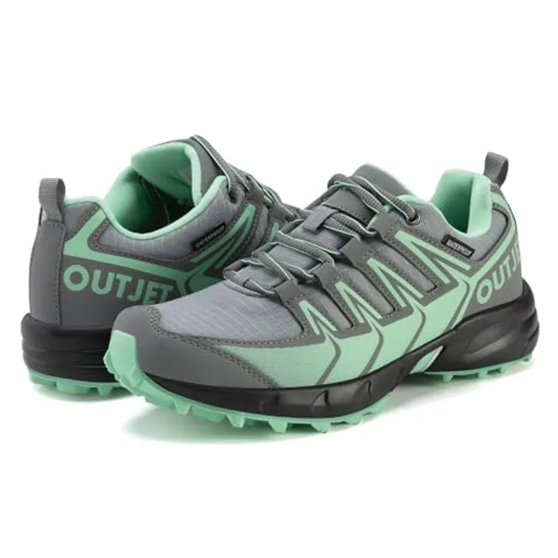 OUTJET Women's Waterproof Hiking Shoes Lightweight Non-Slip Trails Walking Shoes Outdoor Sneakers Green