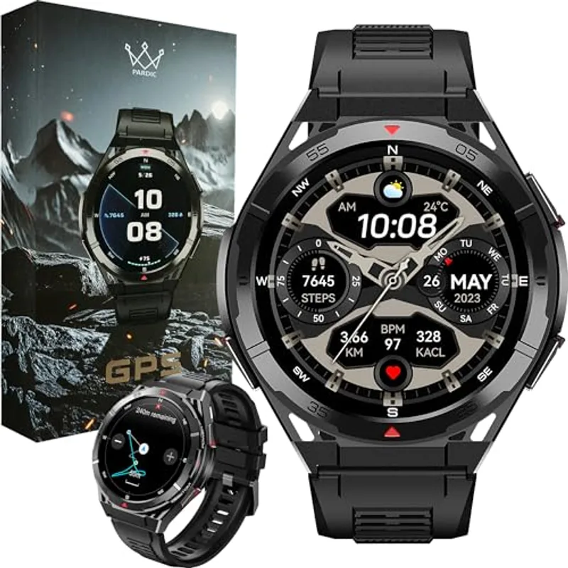 Military GPS Smart Watch: 1.43” AMOLED Always On Display, Built-In GPS, Compass, Altimeter, Barometer, Fitness/Path Tracker, BT Call, 150+ Sports, IP69K, Voice Assist, Long Battery Life, Android/iOS