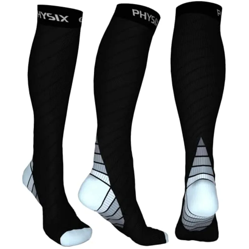 Physix Gear Compression Socks for Men & Women 20-30 mmhg, Best Graduated Athletic Fit for Running Nurses Shin Splints Flight Travel & Maternity Pregnancy -Boost Stamina Circulation & Recovery GRY LXL