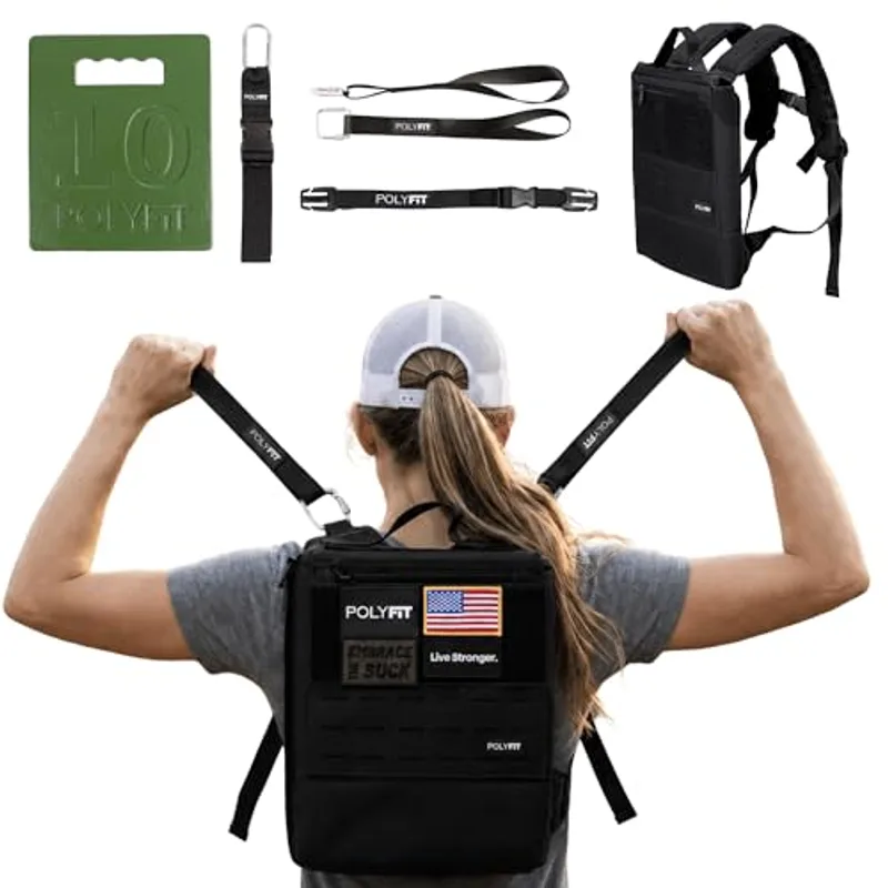 Polyfit Rucking Starter Kit - Rucking Backpack with 10lb Weight Plate, Rucking Straps, Sternum Strap & Hangar Loop for Walking, Hiking & Weighted Training - BLACK