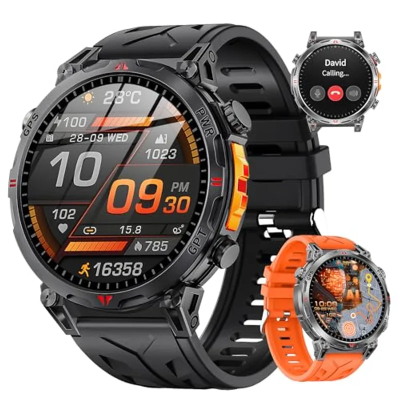 Rmana Military Smart Watches for Men GPS, 1.56" AMOLED Screen Bluetooth Call, Smartwatch for Android Phones and iPhone, 100+ Sport Modes, 3ATM Waterproof Smart Watch with Compass