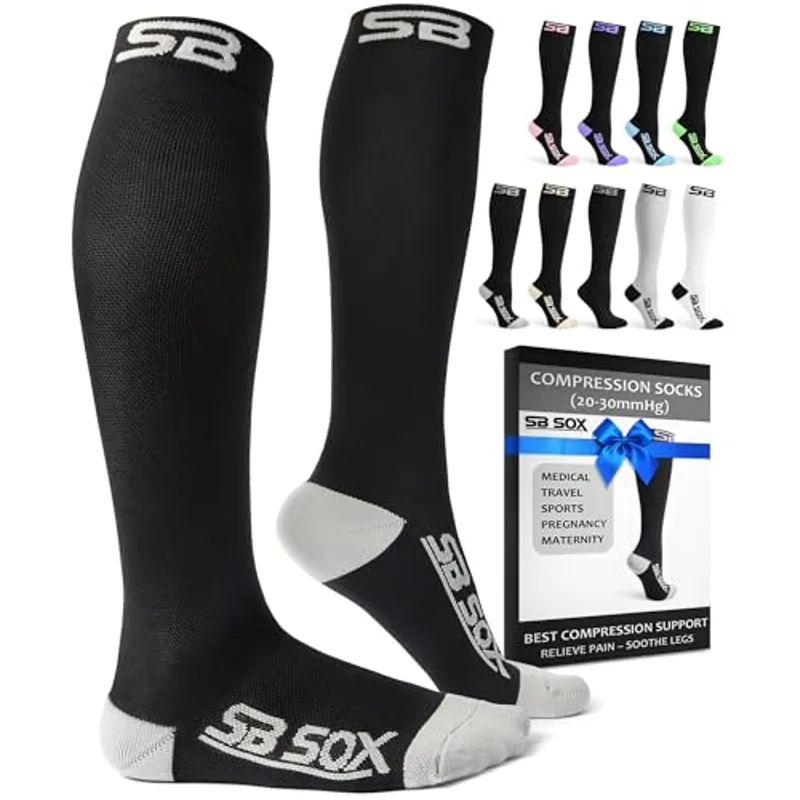 SB SOX Compression Socks for Men & Women (20-30mmHg) – Best Compression Socks for Flying, Medical, Sports, Wide Calf Fit, and Daily Wear (Black/Gray, Large)
