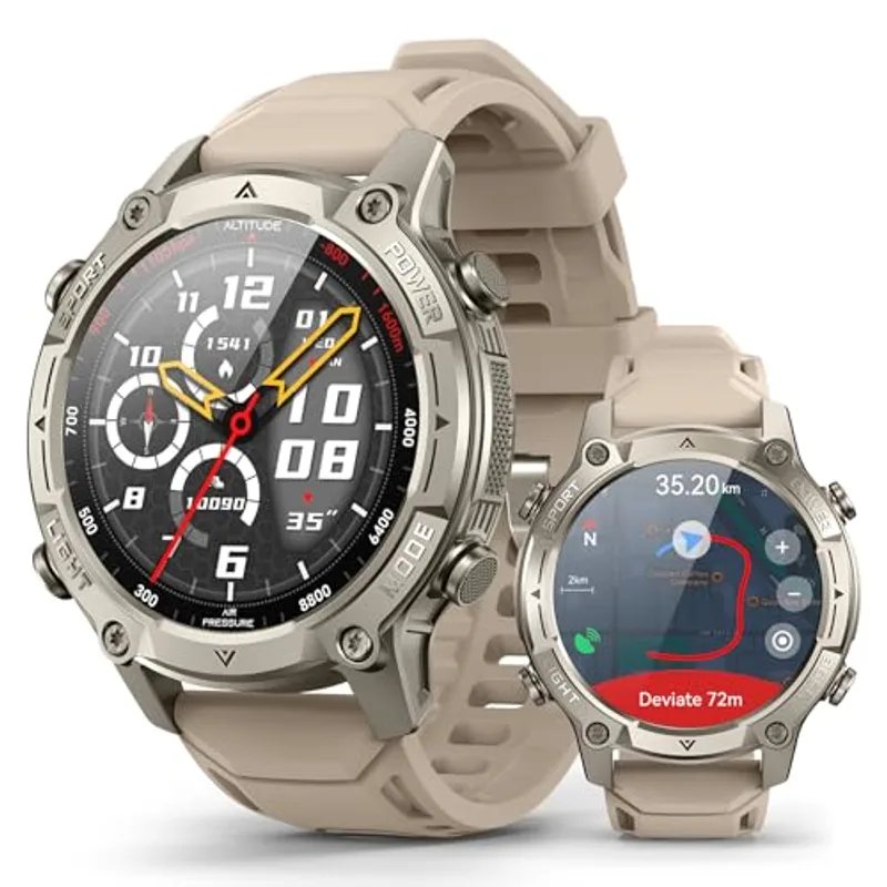 Men's Outdoor Smartwatch, Standalone GPS & Offline Maps, 5ATM Waterproof, 1.43" AMOLED, 4GB Memory, 178 Sports Modes, Compass, Heart Rate/SpO2/Stress/Sleep Monitor, Compatible Android and iOS Khaki