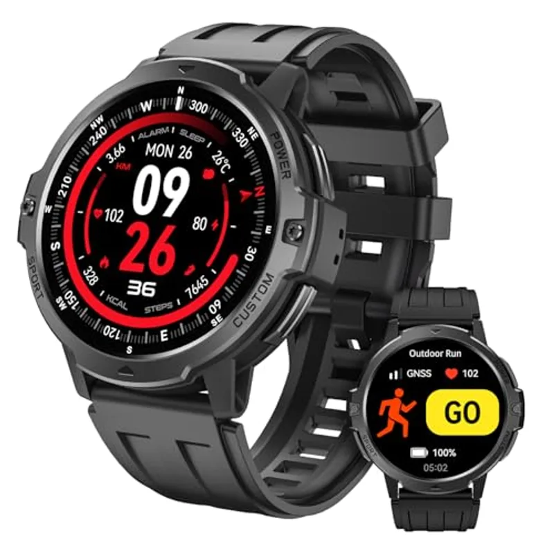 Rugged Smart Watch for Men with Built-in GPS, 6-Axis Sensor for HIIT/Run Form Analysis, 1.46'' Tactical Smartwatch with Bluetooth Calls, Compass, 7-Day, 100+ Sports 3ATM Fitness Tracker, Black