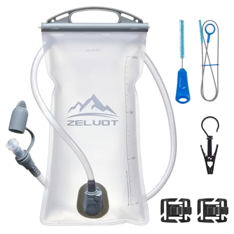 Zelvot 2L-3L Hydration Bladder Kit, 6 in 1 Water Bladder for Hiking Backpack, BPA Free Leakproof Water Storage Bladder with Cleaning Kit, Water Pouch Hydration Pack for Running Cycling (White, 2L)